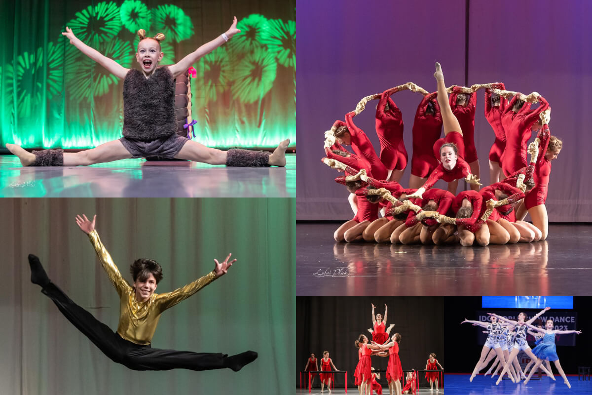 Tanečníci HALO HALO na javisku – sólisti v skoku a skupinová choreografia v červených kostýmoch